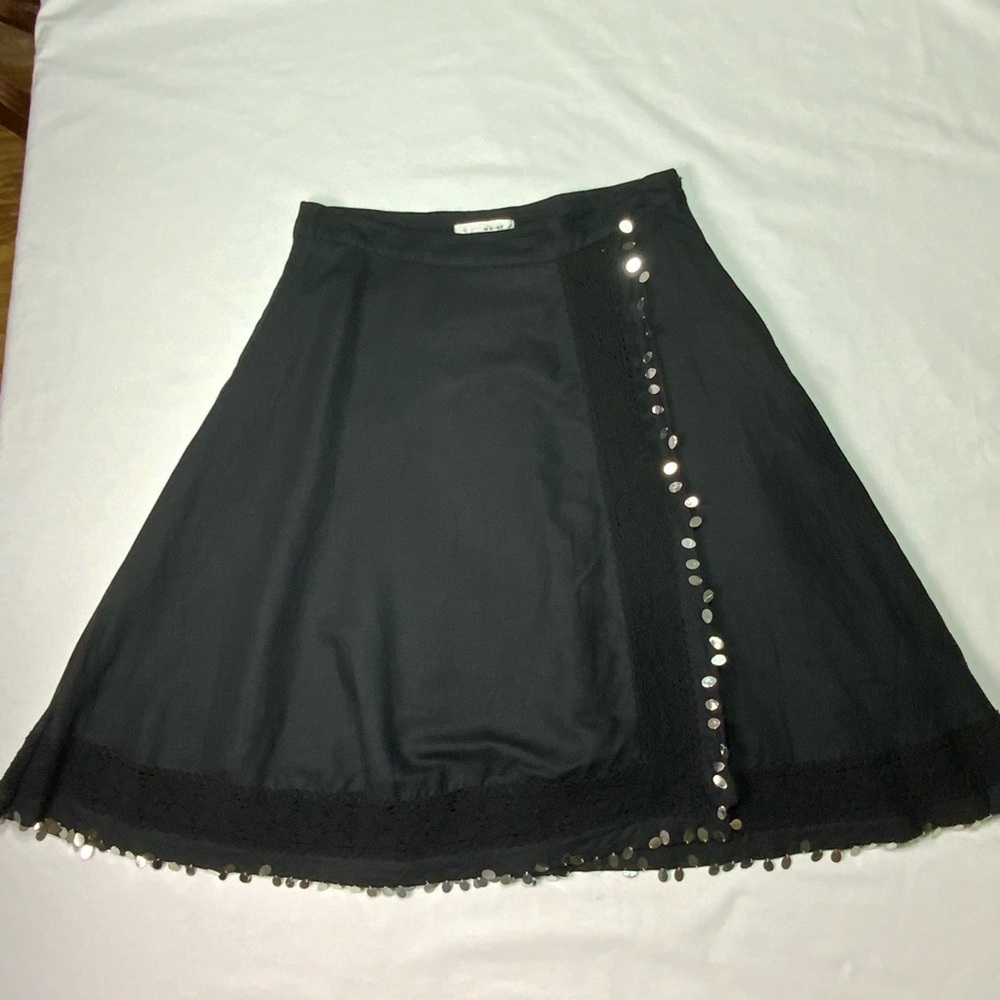 WD.NY Black A-Line Skirt with Sequins Faux Wrap Lace Linen Blend Size 10